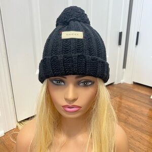 Gucci Black Knit Beanie with Pom-Pom